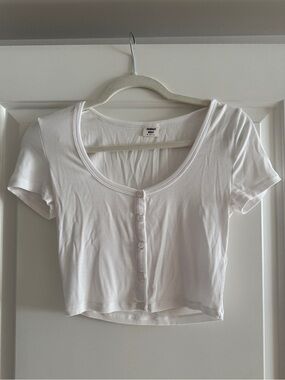 Sunday Best White Button-Front Scoop Neck Ribbed Crop Top